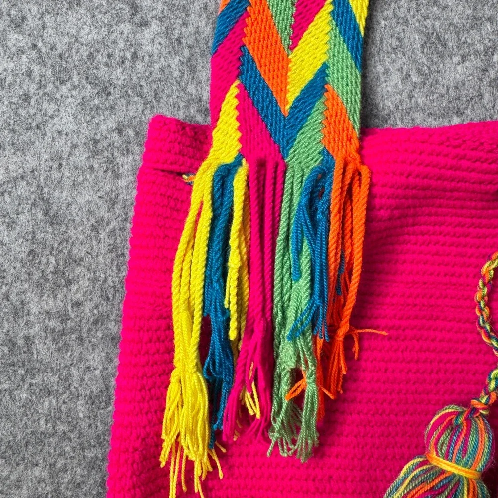 Wayuu Style Hot Pink Handmade Mochila Bag Rainbow Chevron Strap‎ Tassels Boho